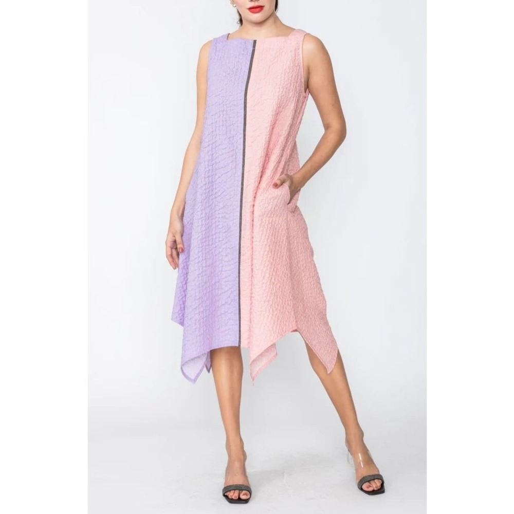 IC Collection Dress Womens Medium Purple Pink Colorblock Seersucker Vacation